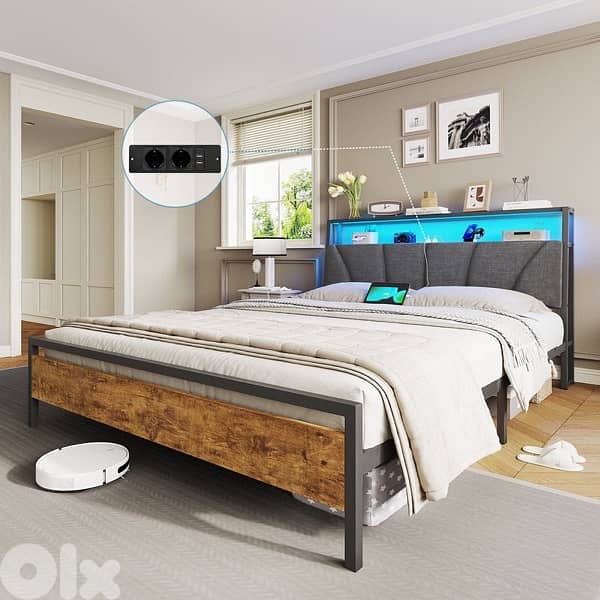 Bed with metal slatted frame, headboard & charging station, brown+grey 0