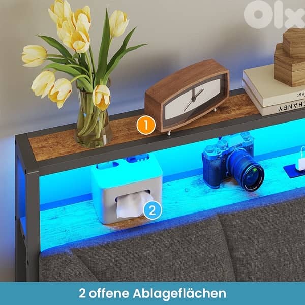 Bed with metal slatted frame, headboard & charging station, brown+grey 1