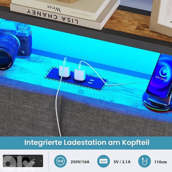 Bed with metal slatted frame, headboard & charging station, brown+grey 2