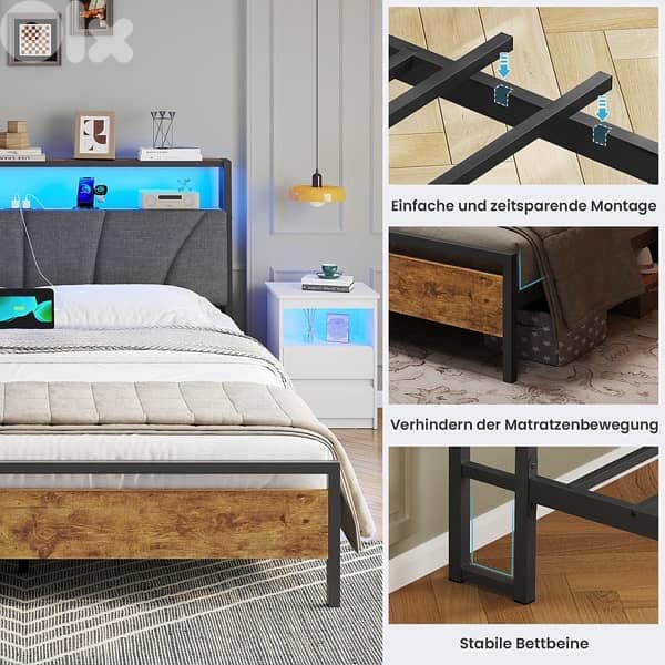 Bed with metal slatted frame, headboard & charging station, brown+grey 3