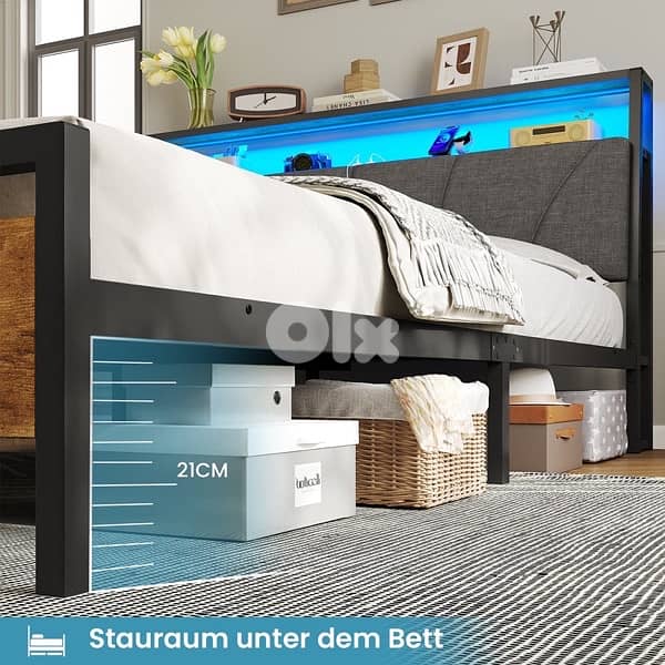 Bed with metal slatted frame, headboard & charging station, brown+grey 4
