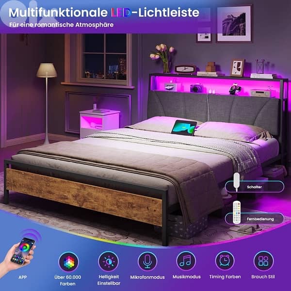 Bed with metal slatted frame, headboard & charging station, brown+grey 6