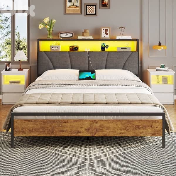 Bed with metal slatted frame, headboard & charging station, brown+grey 7