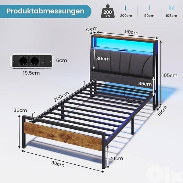 Bed with metal slatted frame, headboard & charging station, brown+grey 9