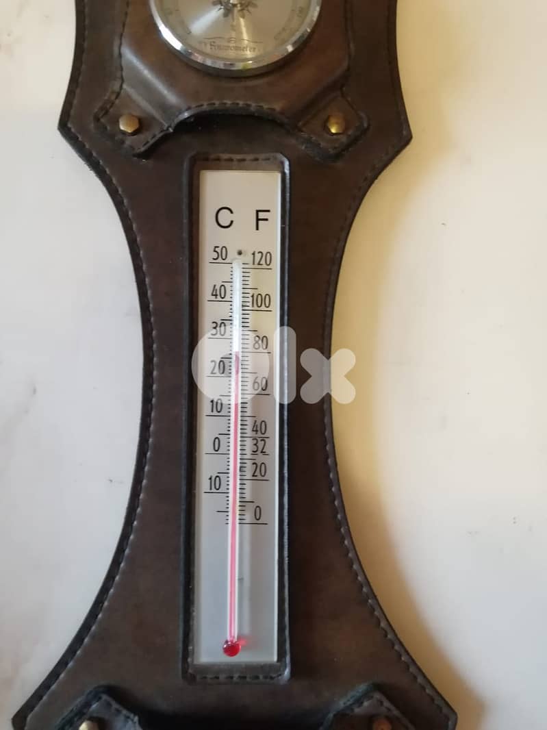 vintage hygro + thermo + barometer on leather platform 50cm 1
