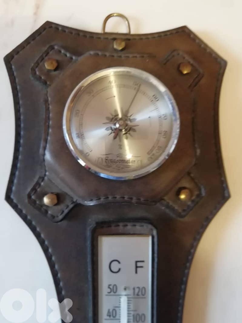 vintage hygro + thermo + barometer on leather platform 50cm 2