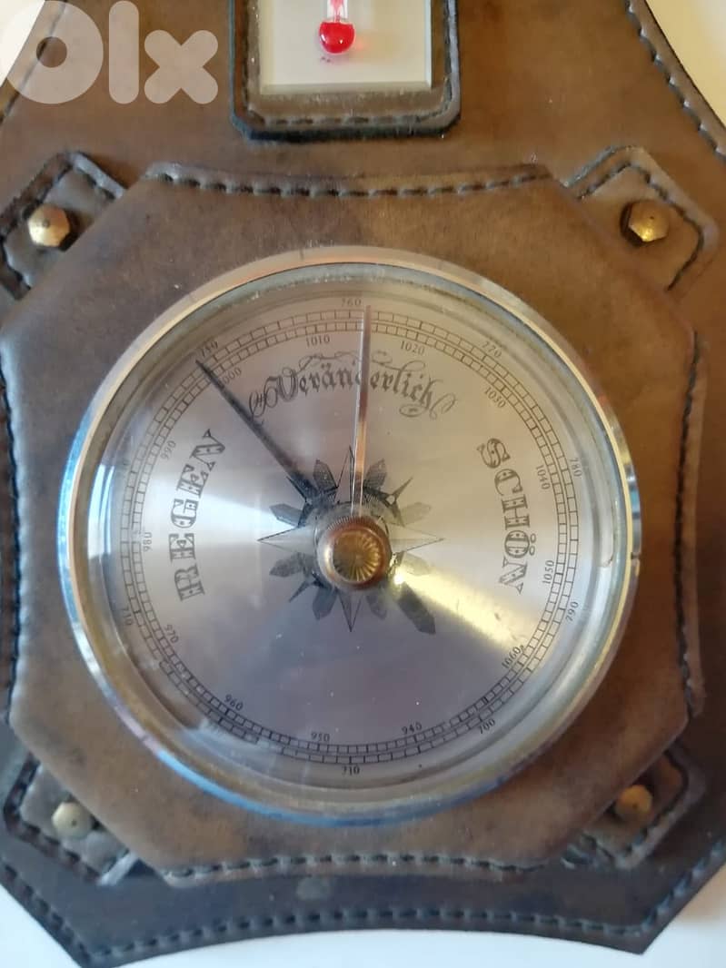 vintage hygro + thermo + barometer on leather platform 50cm 3