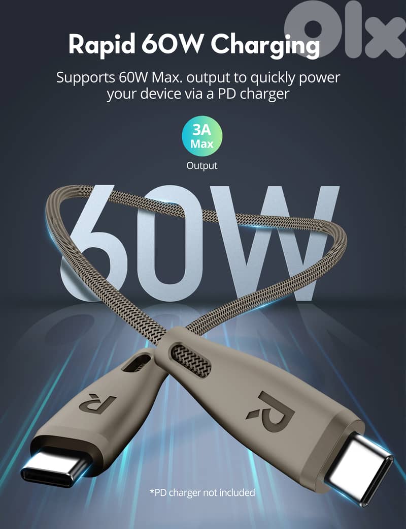 RAVPower USB-C to C Cable | 60W | 1.2M | Double Braided | Titanium 1