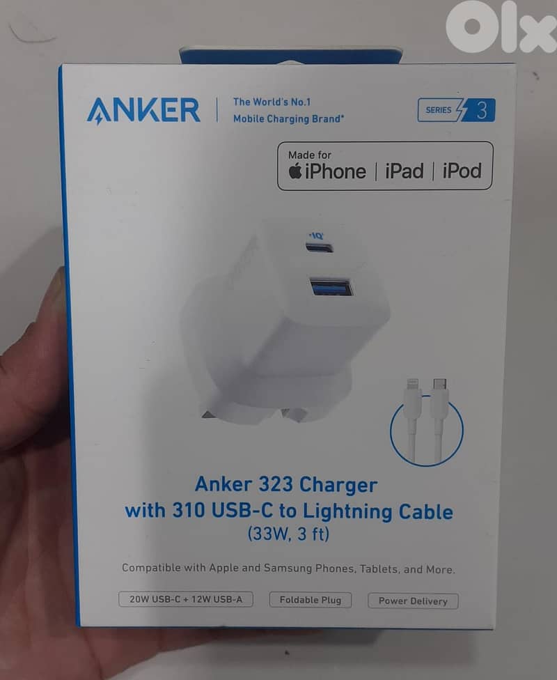 Anker 323 charger with 310 usb-c to lightning cable (33w,3ft) 3pin whi 0