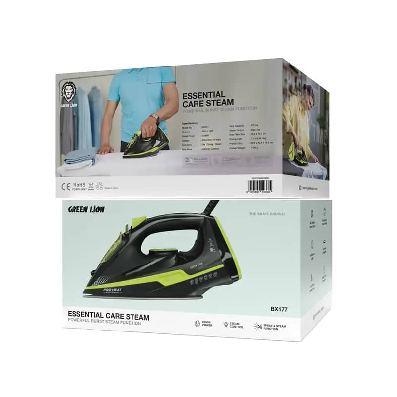 Green Lion Essential Care Steam Iron 2200W - Black and Green 2