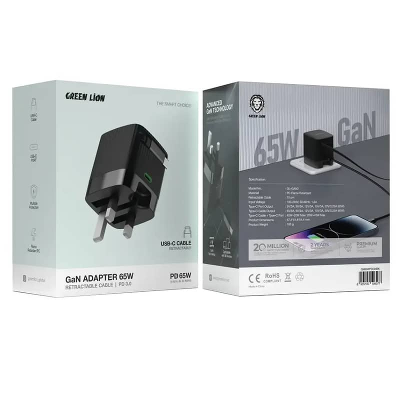 Green Lion Gan Adapter 65W Retractable Cable PD 3.0 1