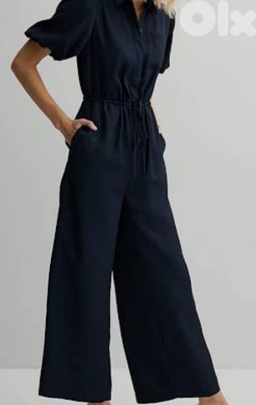Nine West KOHL'S Medium size Puff Sleeves Navy wide leg jumpsuit 4
