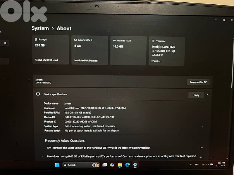 gaming laptop msi gf63 rtx1650 6