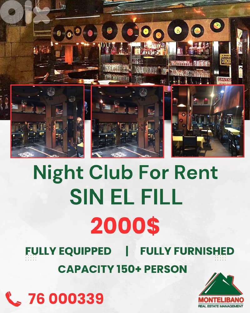 Fully Furnished Night Club For Rent in Sin El Fil !!! 0