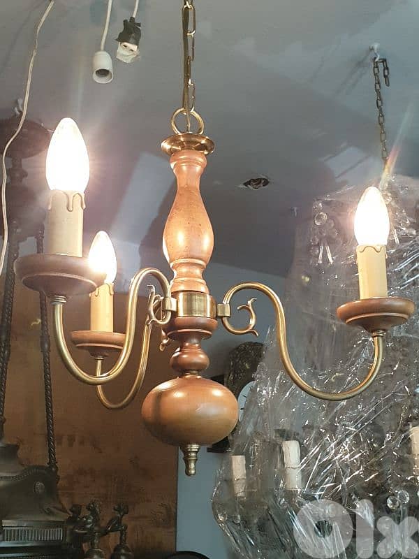 flemish brass and wood 3 lamps chandelier 0