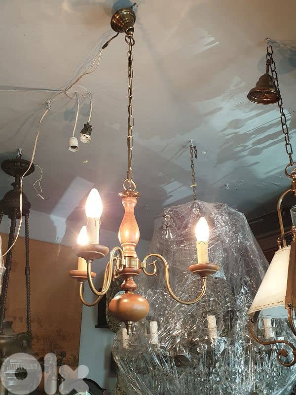 flemish brass and wood 3 lamps chandelier 1