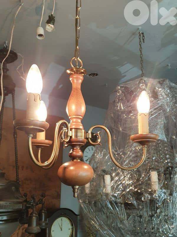flemish brass and wood 3 lamps chandelier 2