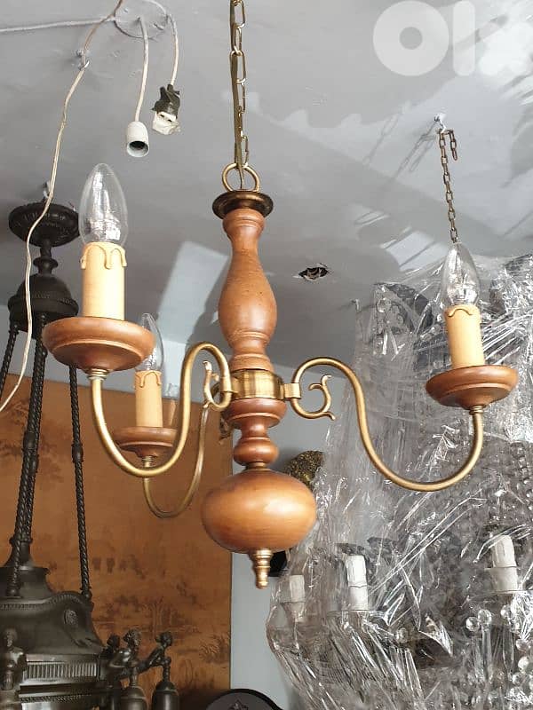 flemish brass and wood 3 lamps chandelier 3