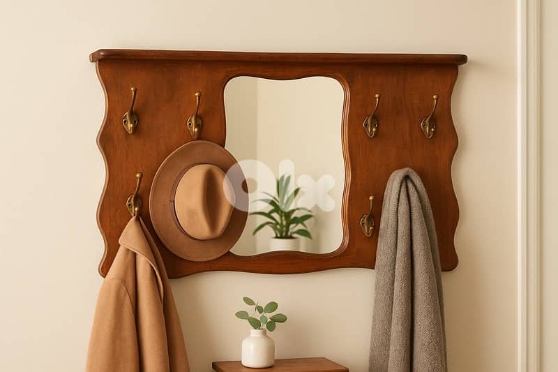 Vintage Wooden Coat Rack with Mirror 0