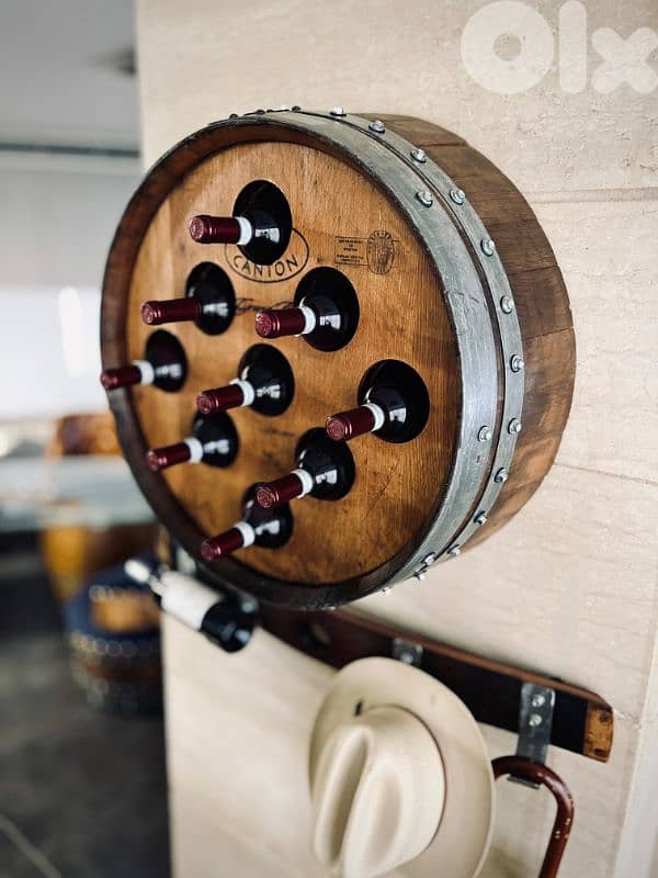 Oak Wine Barrel 9-Bottle Wall Hanger Display Decor 0