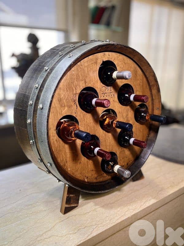 Oak Wine Barrel 9-Bottle Wall Hanger Display Decor 1