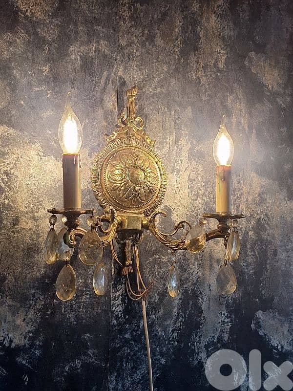 pair of bronze and crystal wall lights 0