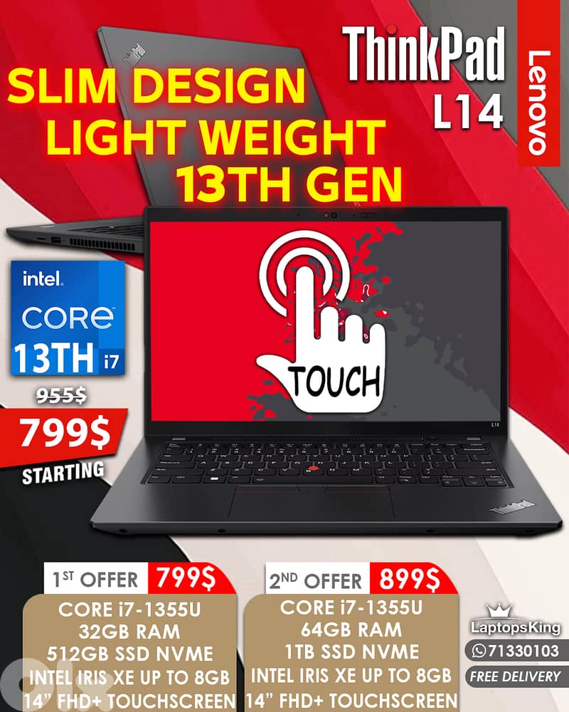 LENOVO THINKPAD L14 CORE i7-1355U INTEL IRIS XE  14” TOUCH FHD LAPTOPS 0