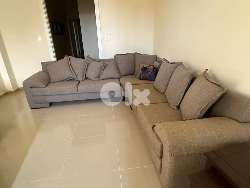 L shape couch + two chairs for sale 0