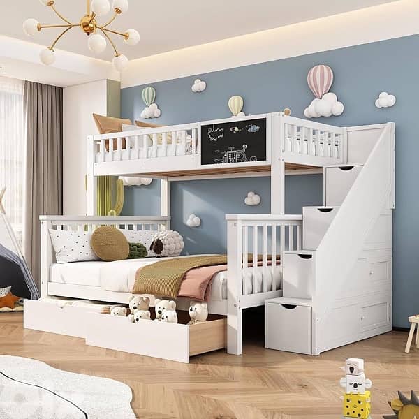double bed children bedroom with storage stairs and drawers 0