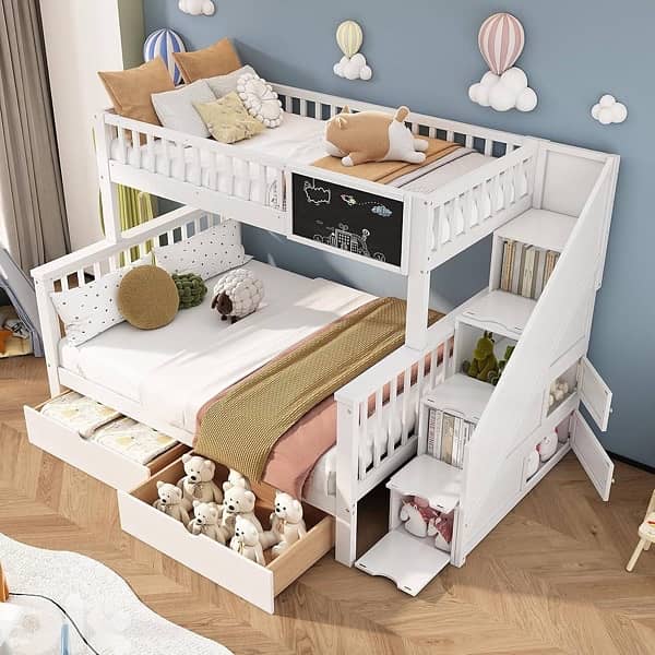 double bed children bedroom with storage stairs and drawers 1