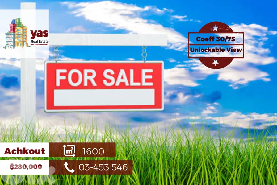 Achkout/Jwar 1600m2 |Calm Area | Flat Land | Coeff 30/75 | WA 0