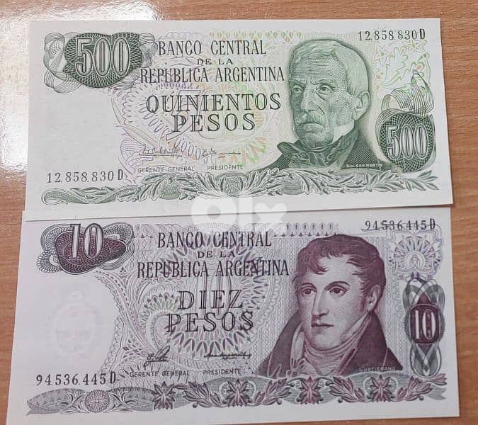 Uncirculated UNC set. of two Argentine 10 &500 Pesos Banknotes 0