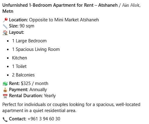 Unfirnished 1-Bedroom Apartment for Rent - Atshaneh / Ain Alak Metn 0
