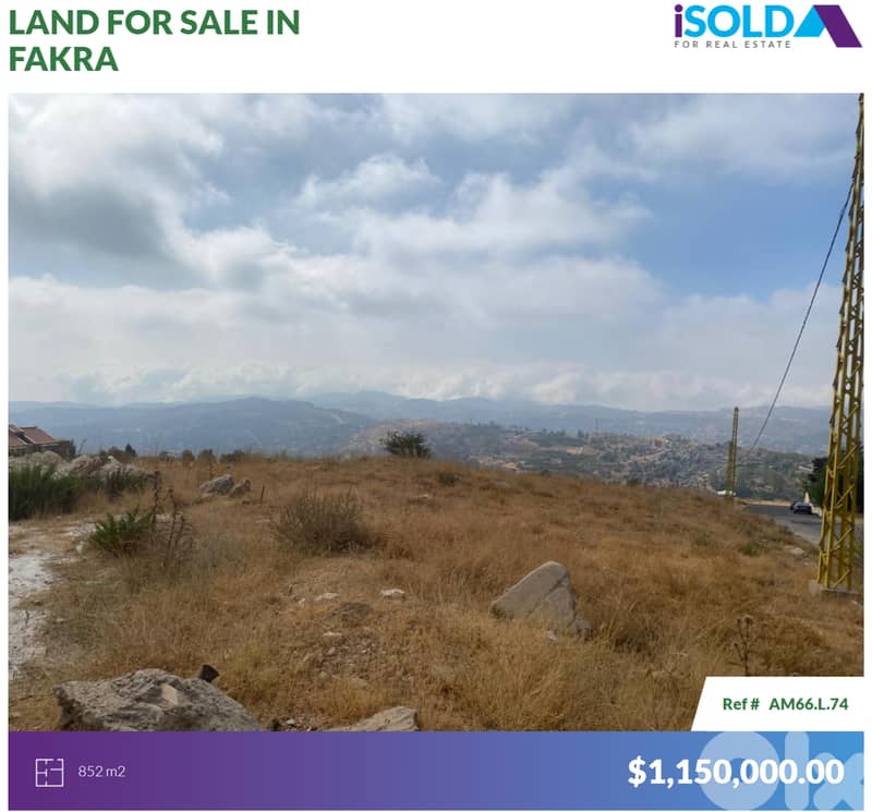 852m2 Land+Mountain View-Prime Location-4sale in Faqra - أرض في فقرا 0