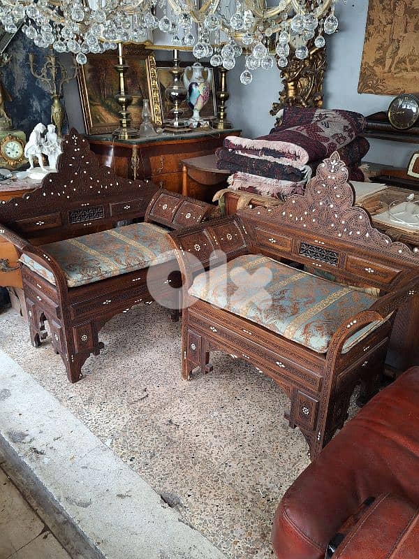 PAIR OF KILIM & MOTHER OF PEARL INLAID MOORISH SYRIAN ARMCHAIRS 0