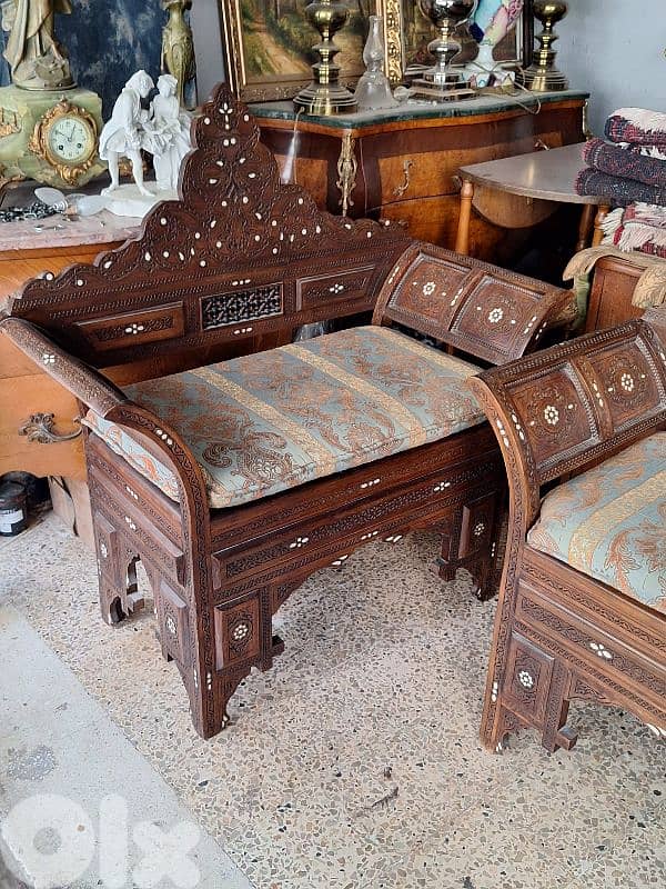 PAIR OF KILIM & MOTHER OF PEARL INLAID MOORISH SYRIAN ARMCHAIRS 1