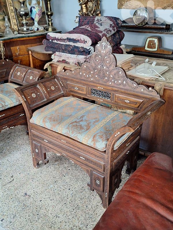 PAIR OF KILIM & MOTHER OF PEARL INLAID MOORISH SYRIAN ARMCHAIRS 2
