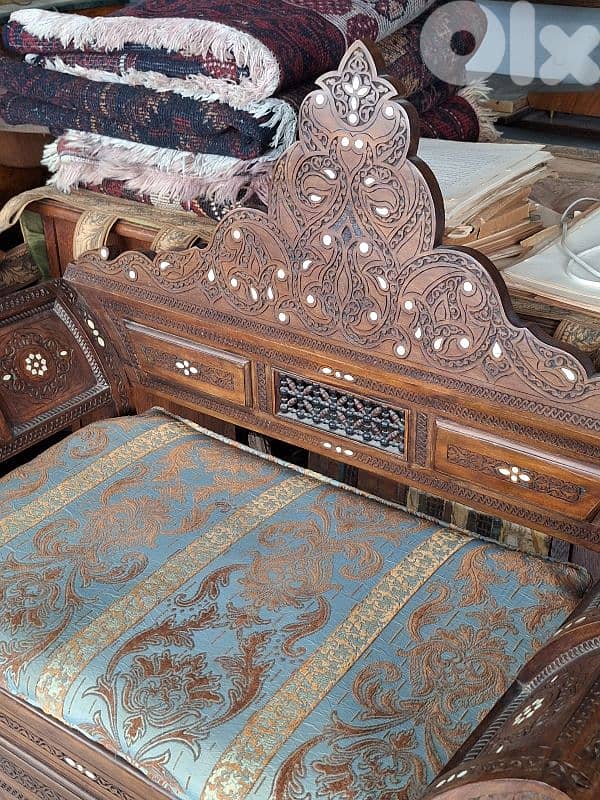 PAIR OF KILIM & MOTHER OF PEARL INLAID MOORISH SYRIAN ARMCHAIRS 3