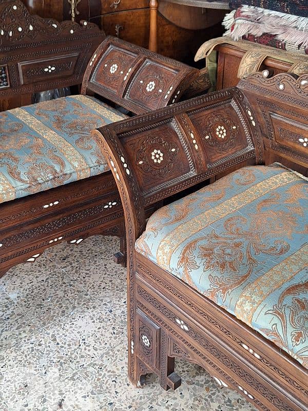 PAIR OF KILIM & MOTHER OF PEARL INLAID MOORISH SYRIAN ARMCHAIRS 4