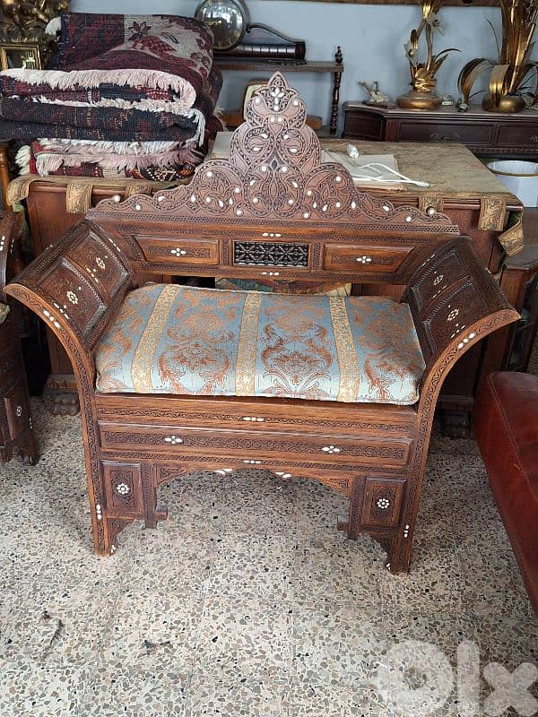PAIR OF KILIM & MOTHER OF PEARL INLAID MOORISH SYRIAN ARMCHAIRS 5
