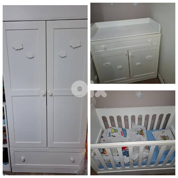 Bed, white baby dresser with changing table, and wardrobe. 2