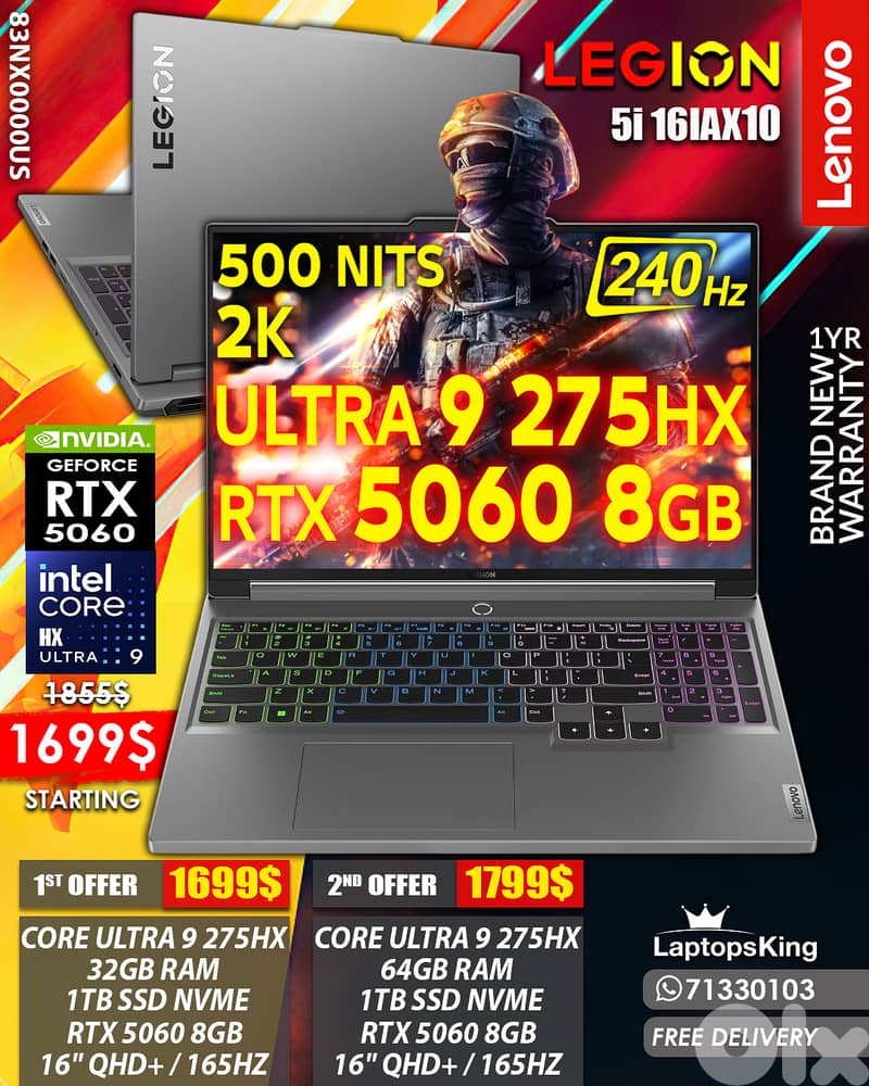 LENOVO LEGION 5i 16IAX10 83NX0000US ULTRA 9 275HX RTX 5060 240HZ 0