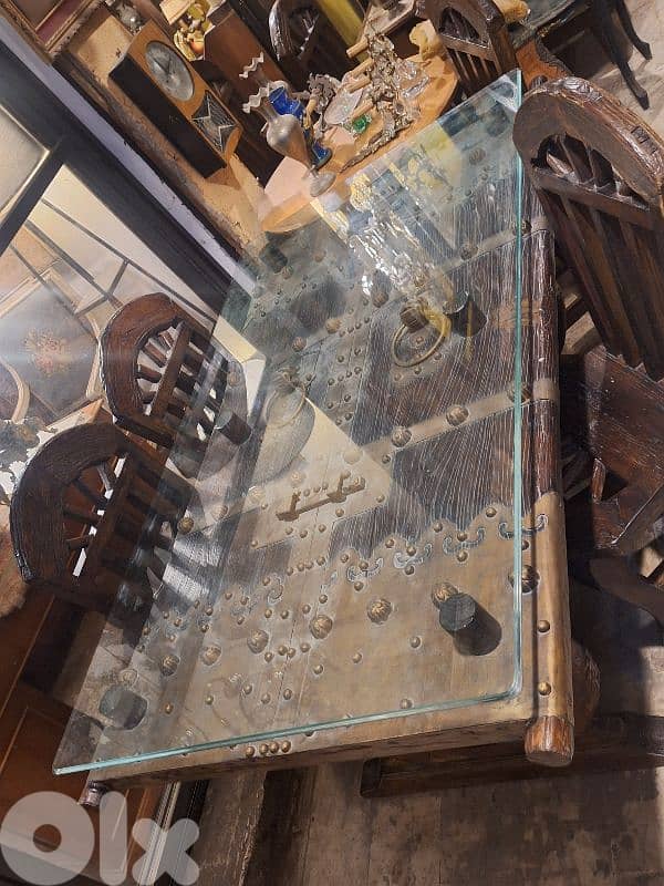 unique vintage bronze and massif door face dining table with 8 chairs 5