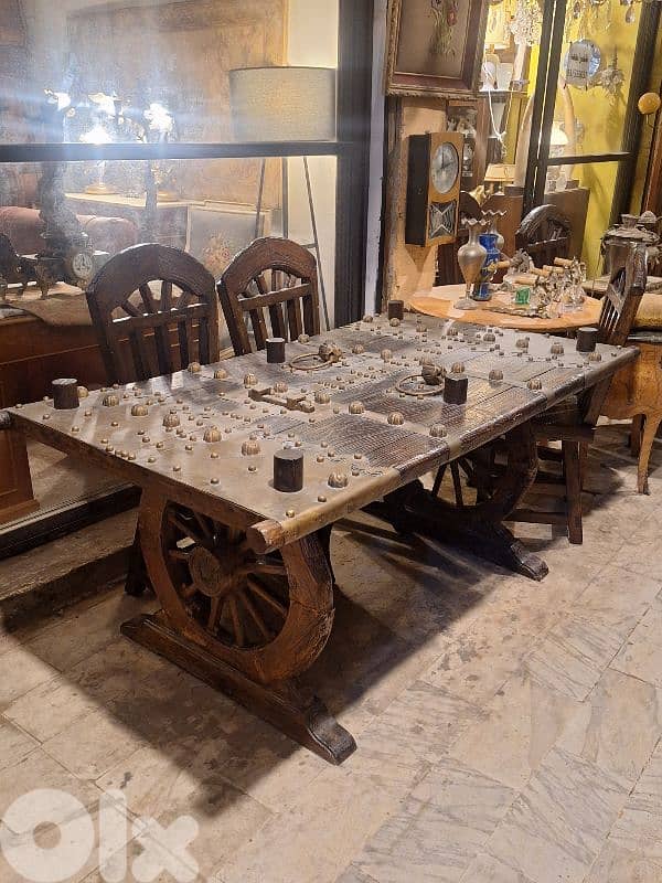 unique vintage bronze and massif door face dining table with 8 chairs 10