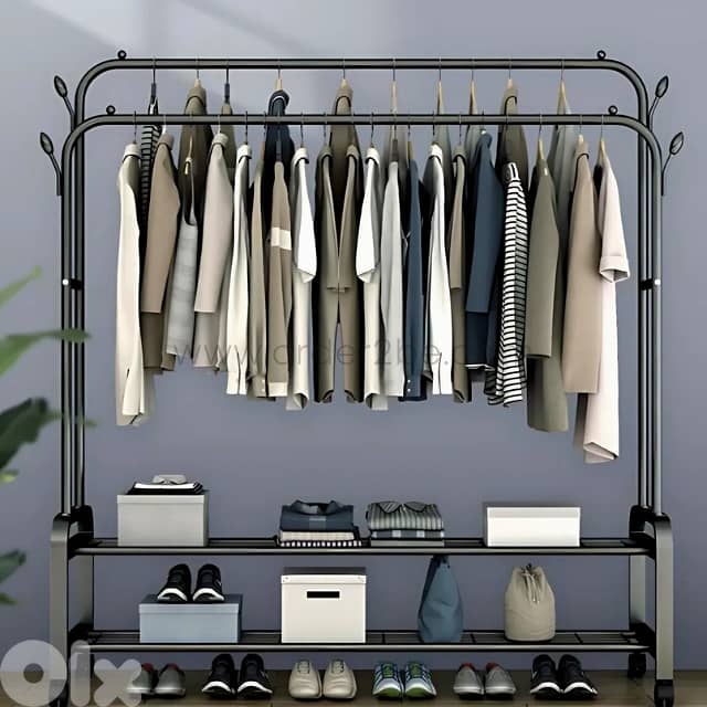 Modern Double Rod Clothing Rack – 48kg Load, Wheels & 2 Shelves 1