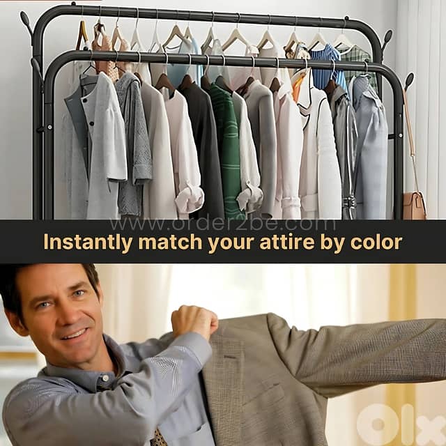 Modern Double Rod Clothing Rack – 48kg Load, Wheels & 2 Shelves 3