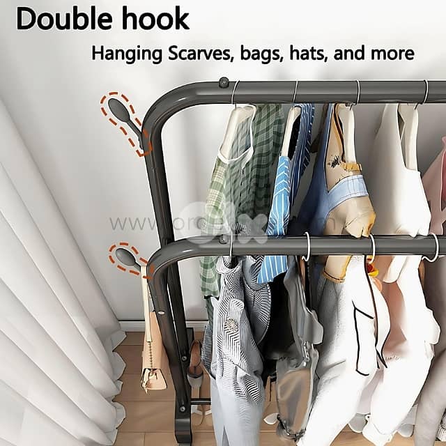 Modern Double Rod Clothing Rack – 48kg Load, Wheels & 2 Shelves 4