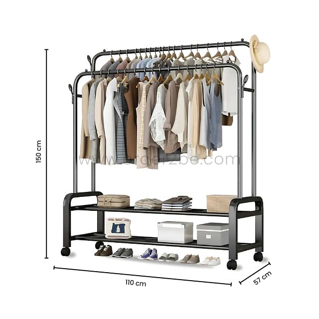 Modern Double Rod Clothing Rack – 48kg Load, Wheels & 2 Shelves 6