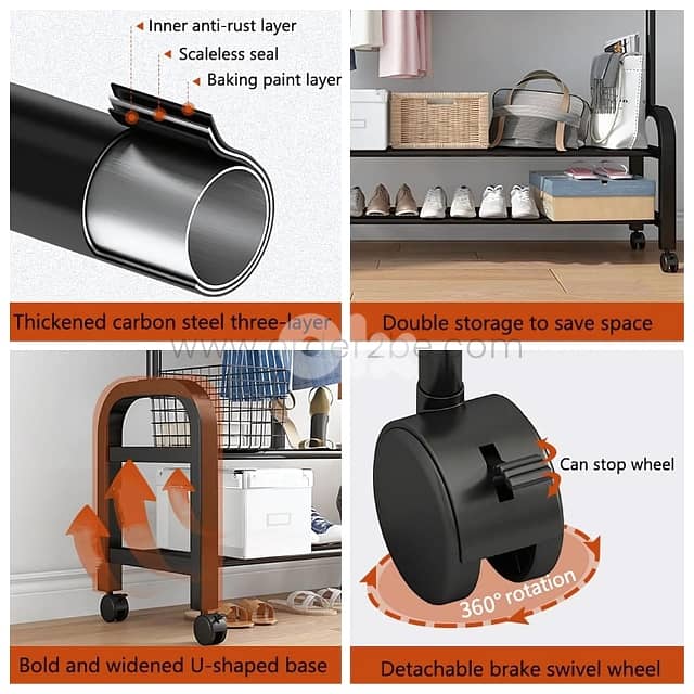 Modern Double Rod Clothing Rack – 48kg Load, Wheels & 2 Shelves 8