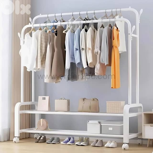 Modern Double Rod Clothing Rack – 48kg Load, Wheels & 2 Shelves 9